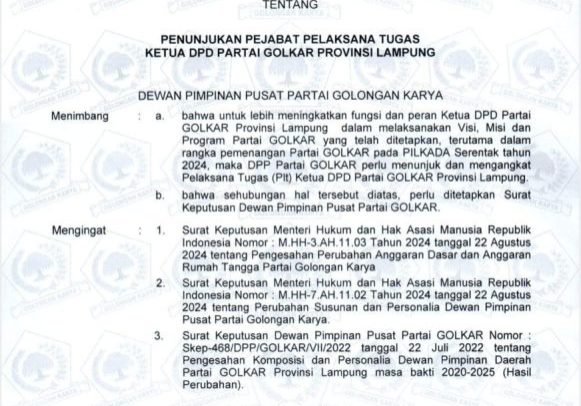 SK Penunjukan PLT Ketua DPD Partai Golkar Provinsi Lampung Pengganti Arinal Djunaidi